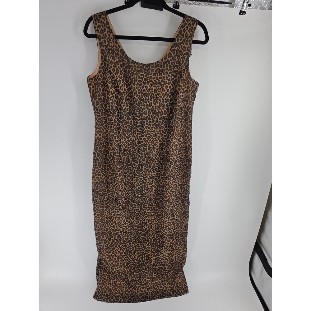 Virgo II Vintage Leopard Print Sheath Dress Sleeveless Midi V-Back Brown Size 12